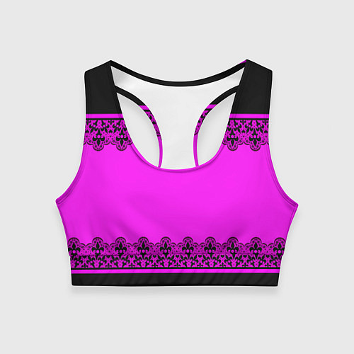 Женский спортивный топ Черное кружево на неоновом розовом фоне / 3D-принт – фото 1