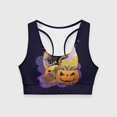 Женский спортивный топ Чёрный котёнок и тыквы / 3D-принт – фото 1