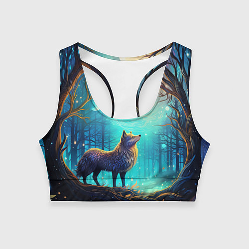 Женский спортивный топ Волк в ночном лесу в folk art стиле / 3D-принт – фото 1