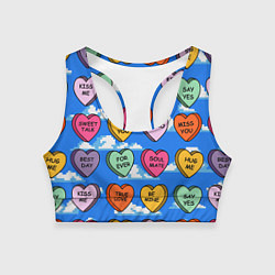 Женский спортивный топ Валентинки конфетки сердечки с посланиями