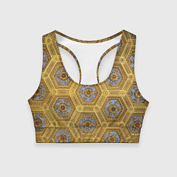 Женский спортивный топ Золотистый паттерн с цветами и серыми ромбами