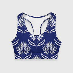 Топик спортивный женский Абстрактные белые лотосы на синем - паттерн, цвет: 3D-принт
