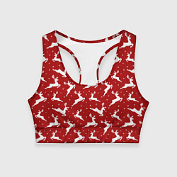Топик спортивный женский Красный паттерн с новогодними оленями, цвет: 3D-принт