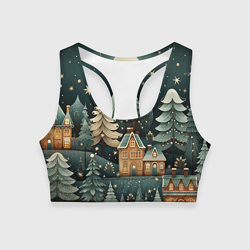 Женский спортивный топ Снежная деревня в праздничном наряде / 3D-принт – фото 1