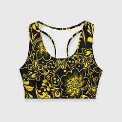Топик спортивный женский Хохломская роспись золотые цветы на чёроном фоне, цвет: 3D-принт