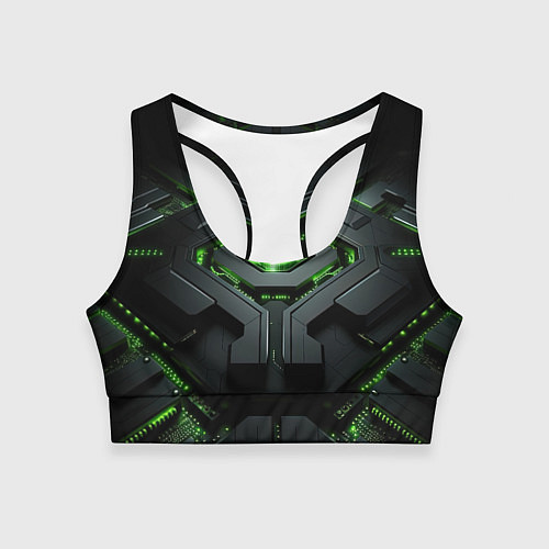 Женский спортивный топ Объемная абстрактная яркая зеленая фигура на черно / 3D-принт – фото 1