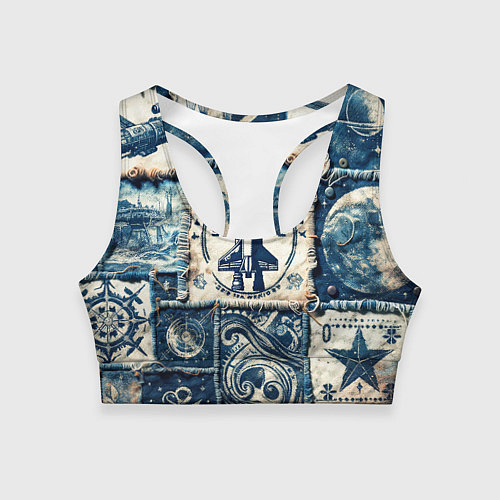 Женский спортивный топ Ракета на дениме- пэчворк / 3D-принт – фото 1