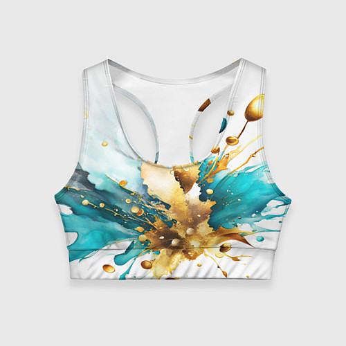 Женский спортивный топ Бирюзово голубая абстракция, брызги краски на бело / 3D-принт – фото 1