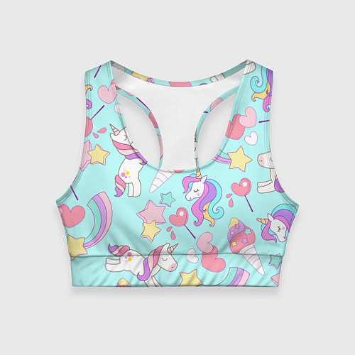 Женский спортивный топ Единорог мороженое конфета и сердечки на голубом ф / 3D-принт – фото 1