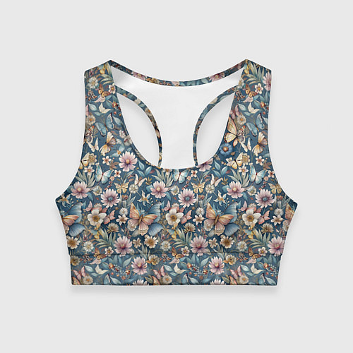 Женский спортивный топ Летний узор с цветами и бабочками / 3D-принт – фото 1