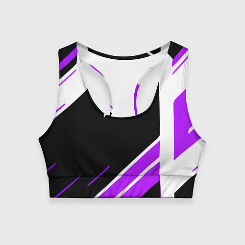 Женский спортивный топ Бело-фиолетовые полосы на чёрном фоне / 3D-принт – фото 1