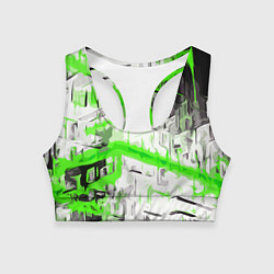 Топик спортивный женский Бело-зелёная абстракция на чёрном фоне, цвет: 3D-принт