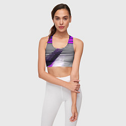 Топик спортивный женский Фиолетово-чёрные полосы на белом фоне, цвет: 3D-принт — фото 2