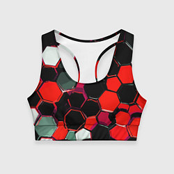 Топик спортивный женский Красно-белые шестиугольники на чёрном фоне, цвет: 3D-принт