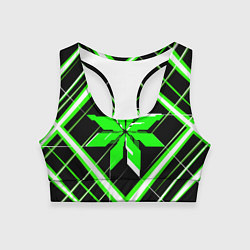 Топик спортивный женский Зелёно-белая звезда и полосы на чёрном фоне, цвет: 3D-принт
