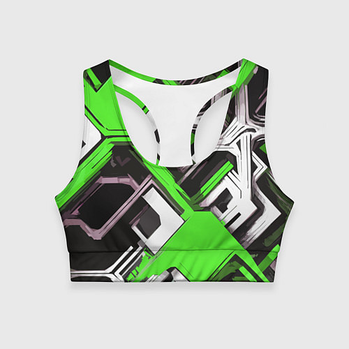 Женский спортивный топ Бело-зелёный техно паттерн на чёрном фоне / 3D-принт – фото 1