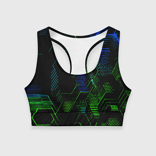 Женский спортивный топ Сине-зелёные точки и линии на чёрном фоне / 3D-принт – фото 1