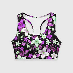 Топик спортивный женский Фиолетово-белые цветы на чёрном фоне, цвет: 3D-принт