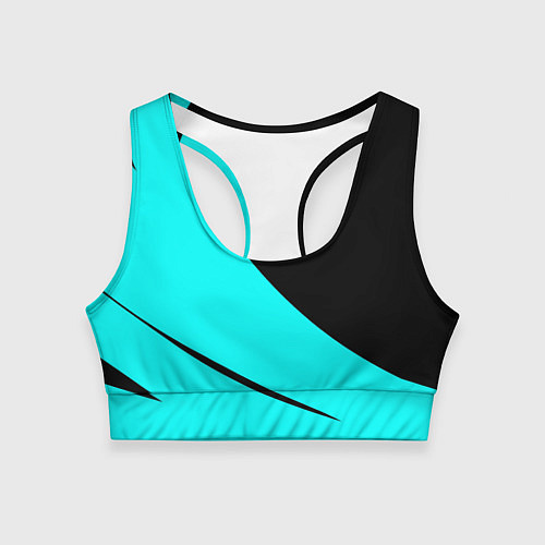 Женский спортивный топ Чёрный и неоновый голубой двуцветный с полосой / 3D-принт – фото 1