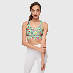 Топик спортивный женский Тюльпаны цветочный паттерн на светло-зелёном фоне, цвет: 3D-принт — фото 2