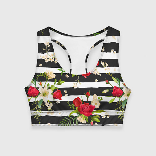 Женский спортивный топ Красные розы на черных полосках / 3D-принт – фото 1