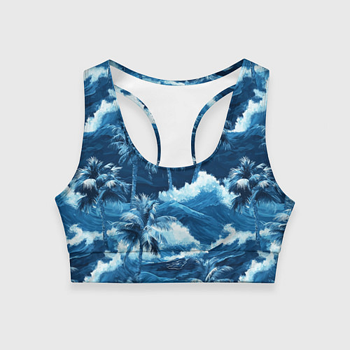 Женский спортивный топ Пальмы и волны - голубые оттенки паттерн / 3D-принт – фото 1