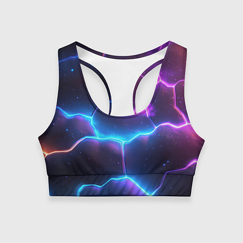 Женский спортивный топ Синие и фиолетовые молнии в разломе / 3D-принт – фото 1