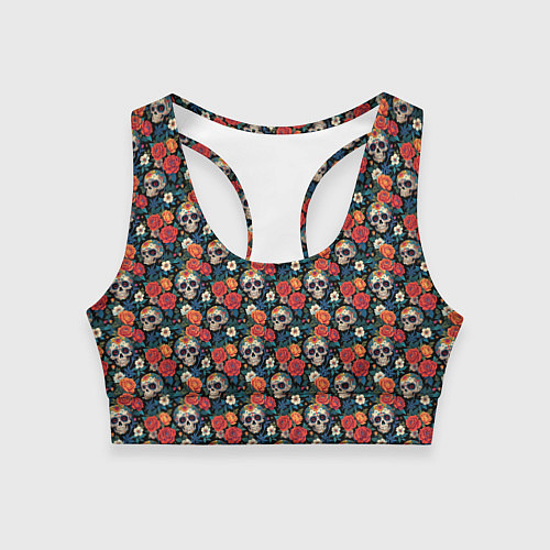Женский спортивный топ Черепа и цветы Santa Muerte / 3D-принт – фото 1