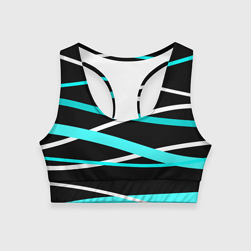 Женский спортивный топ Чёрный с бело-голубыми полосами / 3D-принт – фото 1
