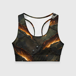 Топик спортивный женский Порванная камуфляжная ткань с огнем, цвет: 3D-принт