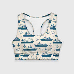 Топик спортивный женский Морской паттерн из чаек, якорей и кораблей, цвет: 3D-принт