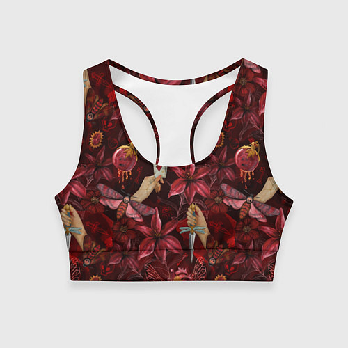 Женский спортивный топ Бордовая готика с сердцем, лилиями и мотыльками / 3D-принт – фото 1