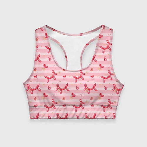 Женский спортивный топ Красные шарики-собачки на розовых полосках / 3D-принт – фото 1