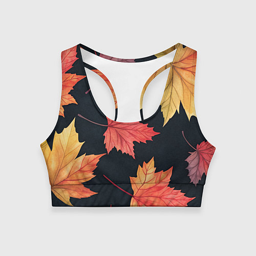 Женский спортивный топ Кленовые листья на черном - акварельный паттерн / 3D-принт – фото 1