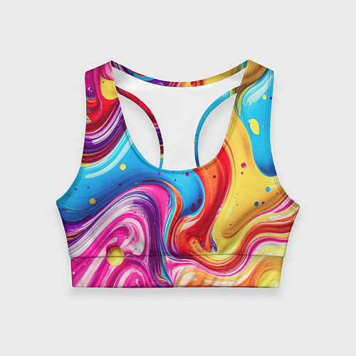 Женский спортивный топ Смесь красно-жёлто-голубых масляных красок абстрак / 3D-принт – фото 1