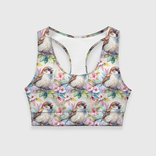 Женский спортивный топ Воробей в ярких цветах паттерн / 3D-принт – фото 1