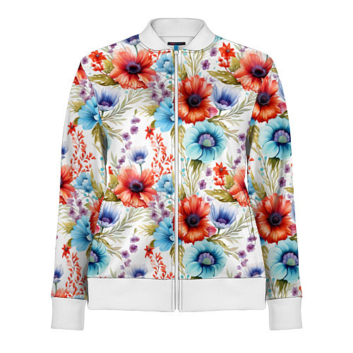 Женская олимпийка Синие и красные маки на белом - паттерн / 3D-Белый – фото 1