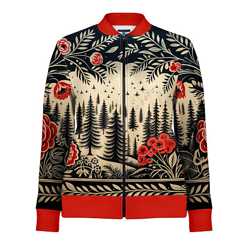 Женская олимпийка Новогодний лес с узорами / 3D-Красный – фото 1