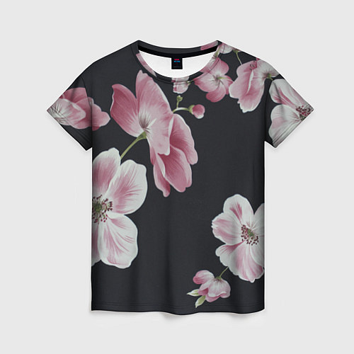 Женская футболка Цветы на черном фоне / 3D-принт – фото 1