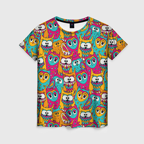 Женская футболка Совы разноцветные / 3D-принт – фото 1