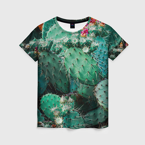 Женская футболка Кактусы с цветами реализм / 3D-принт – фото 1
