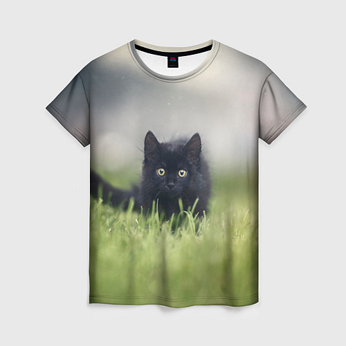 Женская футболка Черный кот на лугу / 3D-принт – фото 1