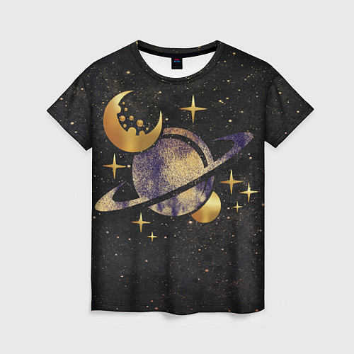 Женская футболка Сатурн, луна, спутник и звезды / 3D-принт – фото 1