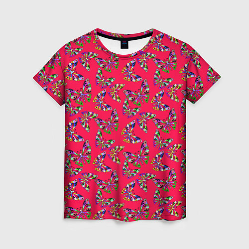 Женская футболка Бабочки на красном фоне / 3D-принт – фото 1