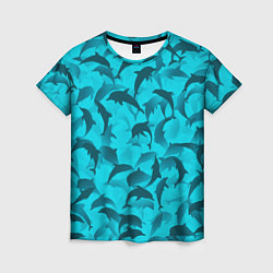 Футболка женская Синий камуфляж с дельфинами, цвет: 3D-принт
