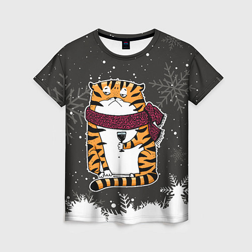 Женская футболка Тигр с бокалом вина / 3D-принт – фото 1