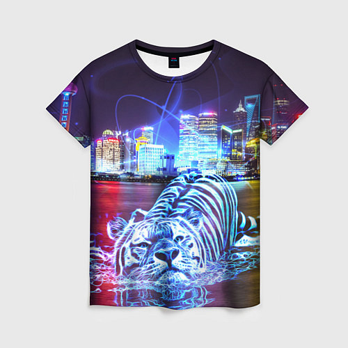 Женская футболка Плывущий неоновый тигр / 3D-принт – фото 1