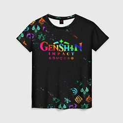 Футболка женская GENSHIN IMPACT NEON LOGO RAINBOW STYLE, ЭМБЛЕМЫ, цвет: 3D-принт