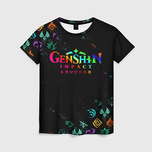 Женская футболка GENSHIN IMPACT NEON LOGO RAINBOW STYLE, ЭМБЛЕМЫ / 3D-принт – фото 1