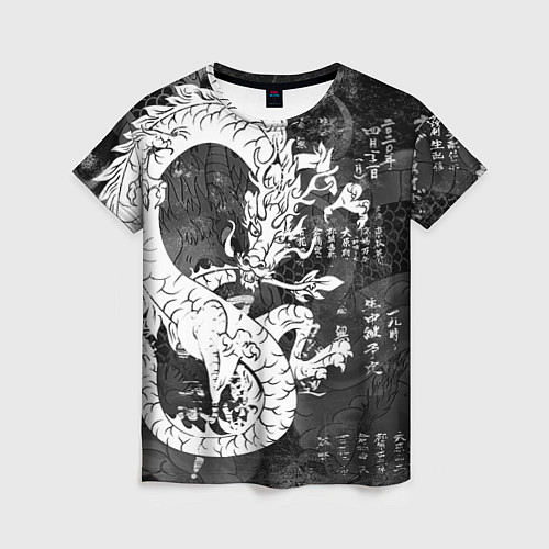 Женская футболка ЧБ Японский Дракон Dragon Иероглифы / 3D-принт – фото 1